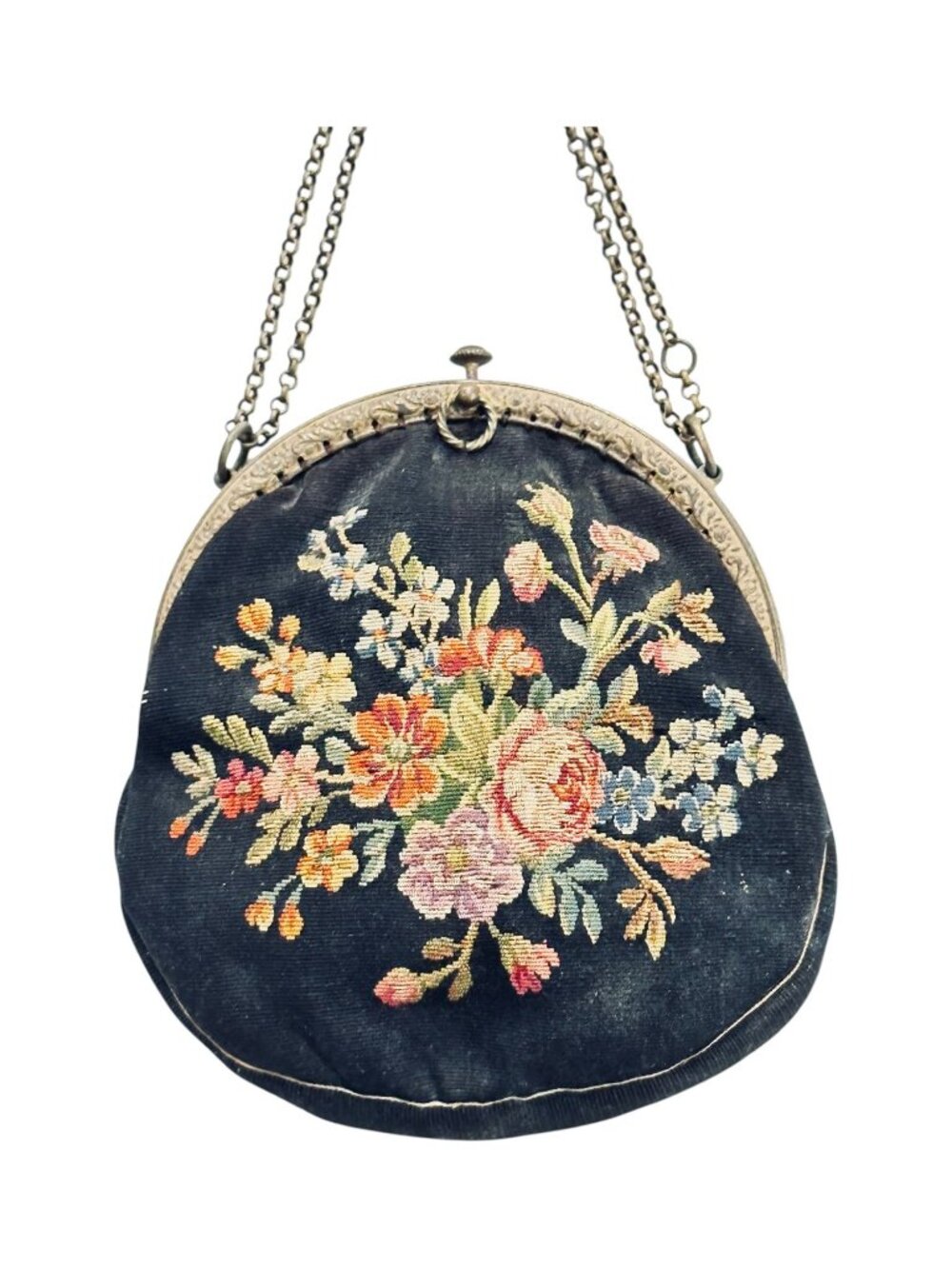 Antique 1920s Point de Beauvais floral embroidered evening bag with a chain stra - Picture 6 of 6